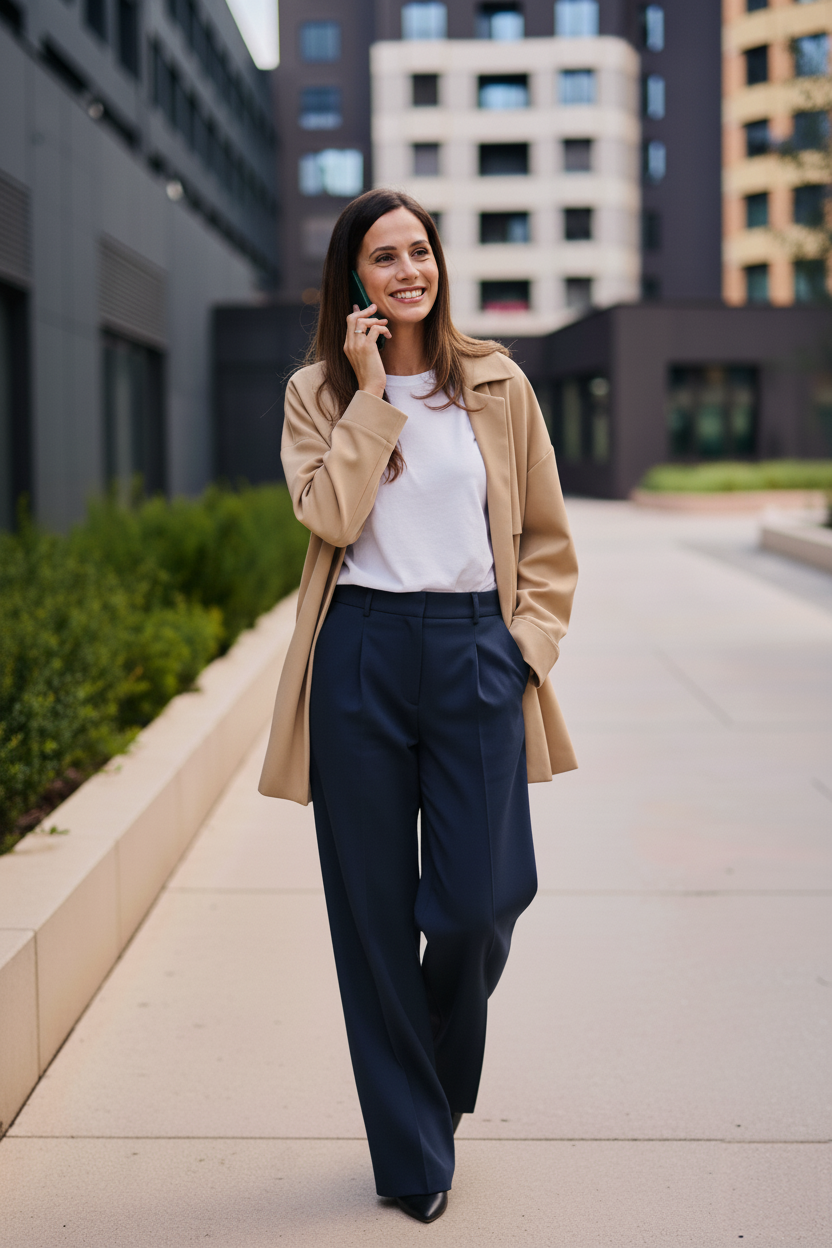 Frau in einem Casual-Outfit für ein Vorstellungsgespräch, bestehend aus einem weißen T-Shirt, einer beigen Jacke und locker geschnittenen dunkelblauen Stoffhosen. Sie trägt schwarze Schuhe und wirkt gepflegt, freundlich und authentisch. Das Outfit eignet sich für Bewerbungsgespräche in modernen oder kreativen Arbeitsumgebungen mit entspannter Kleiderordnung.