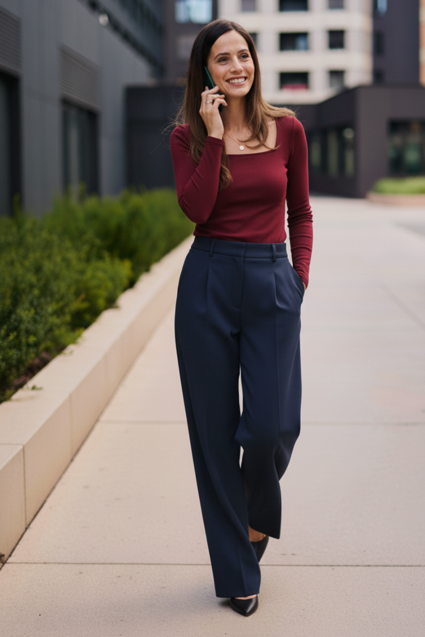 Frau in einem Business-Casual-Outfit für ein Vorstellungsgespräch, bestehend aus einem bordeauxroten, langärmligen Oberteil mit eckigem Ausschnitt, dunkelblauer Bundfaltenhose und schwarzen Absatzschuhen. Das Outfit wirkt elegant und stilvoll, eignet sich besonders für Bewerbungsgespräche in modernen oder kreativen Branchen.