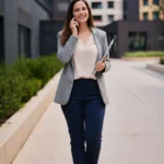 Frau in einem gehobenen Business-Casual-Outfit für ein Vorstellungsgespräch, bestehend aus einem hellgrauen Blazer, einer cremefarbenen Bluse, dunkelblauer Stoffhose und schwarzen Loafern. Sie steht vor modernen Bürogebäuden, lächelt und telefoniert, während sie ein Tablet in der Hand hält. Das Outfit wirkt professionell, aber zugleich modern und zugänglich – passend für Bewerbungsgespräche in Büroumgebungen mit smart-casual Dresscode.