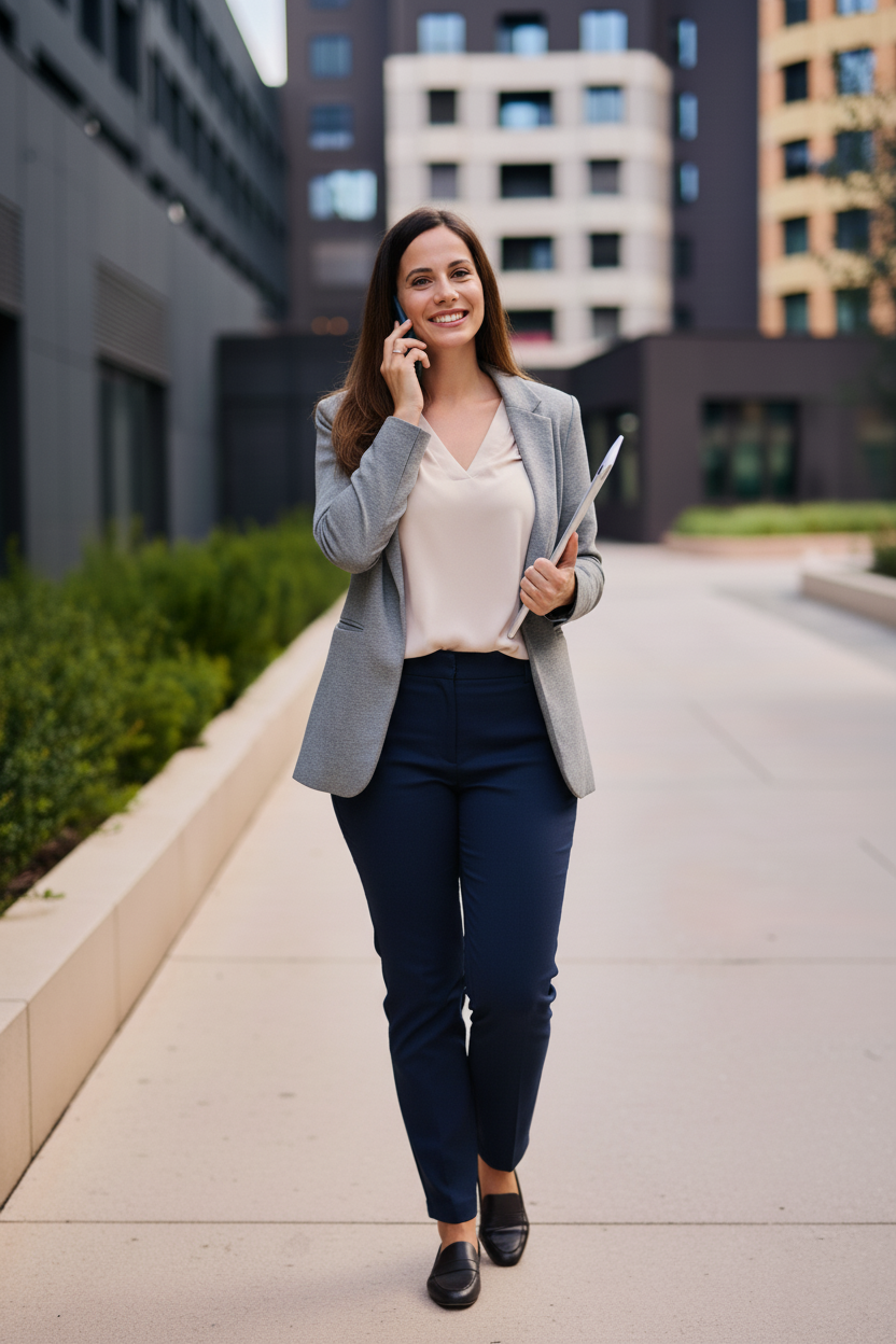 Frau in einem gehobenen Business-Casual-Outfit für ein Vorstellungsgespräch, bestehend aus einem hellgrauen Blazer, einer cremefarbenen Bluse, dunkelblauer Stoffhose und schwarzen Loafern. Sie steht vor modernen Bürogebäuden, lächelt und telefoniert, während sie ein Tablet in der Hand hält. Das Outfit wirkt professionell, aber zugleich modern und zugänglich – passend für Bewerbungsgespräche in Büroumgebungen mit smart-casual Dresscode.