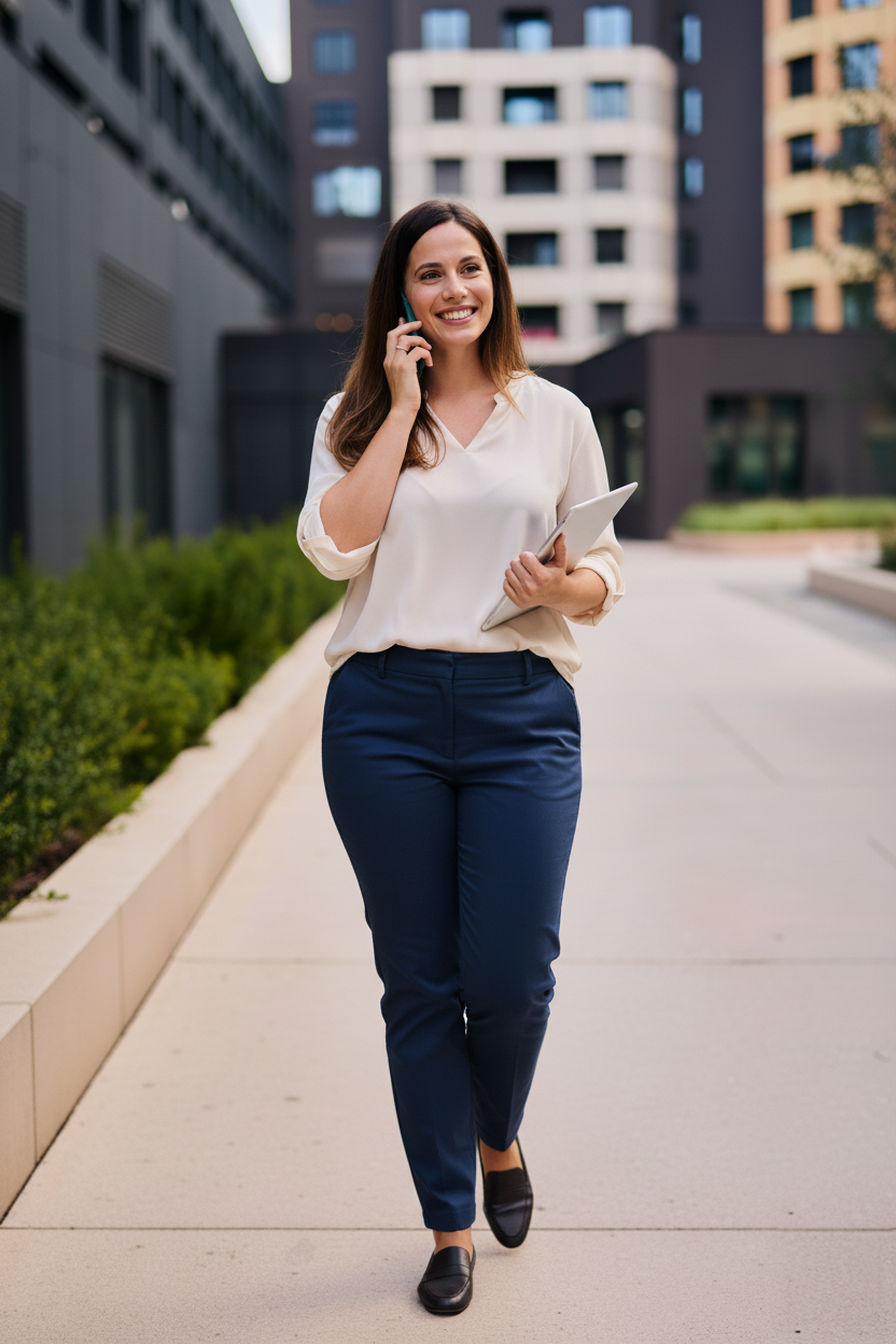 Frau in einem Business-Casual-Outfit für ein Vorstellungsgespräch, bestehend aus einer cremefarbenen Bluse, dunkelblauer Stoffhose und schwarzen Loafern. Sie steht vor modernen Bürogebäuden, lächelt und telefoniert, während sie ein Tablet in der Hand hält. Das Outfit vermittelt einen gepflegten, professionellen und dennoch entspannten Eindruck – ideal für Bewerbungsgespräche in Unternehmen mit moderatem Dresscode.
