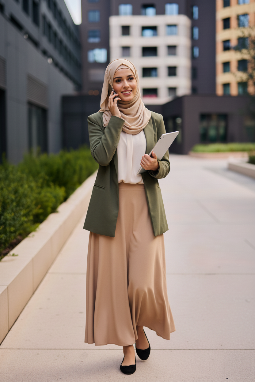 Frau in einem Business-Casual-Outfit für ein Vorstellungsgespräch, bestehend aus einem olivgrünen Blazer, einer cremefarbenen Bluse, einem beigen Maxirock und einem farblich passenden Hijab. Sie trägt schwarze Flats und hält ein Tablet in der Hand, während sie lächelnd telefoniert. Das Outfit wirkt professionell, elegant und zugleich modern – ideal für Bewerbungsgespräche mit Fokus auf Stil und Seriosität.