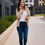 Frau in einem Casual-Outfit für ein Vorstellungsgespräch in kreativen oder modernen Unternehmen, bestehend aus einer weißen Bluse, beiger Strickjacke, dunklen Jeans und weißen Sneakern. Sie steht im Freien vor Bürogebäuden, lächelt und telefoniert, während sie ein Tablet in der Hand hält. Das Outfit wirkt entspannt und authentisch – passend für Bewerbungsgespräche in Start-ups oder lockeren Arbeitsumgebungen.