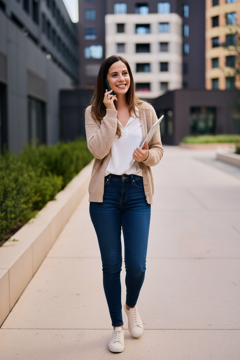 Frau in einem Casual-Outfit für ein Vorstellungsgespräch in kreativen oder modernen Unternehmen, bestehend aus einer weißen Bluse, beiger Strickjacke, dunklen Jeans und weißen Sneakern. Sie steht im Freien vor Bürogebäuden, lächelt und telefoniert, während sie ein Tablet in der Hand hält. Das Outfit wirkt entspannt und authentisch – passend für Bewerbungsgespräche in Start-ups oder lockeren Arbeitsumgebungen.