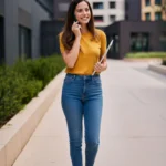 Frau in einem Casual-Outfit für ein Vorstellungsgespräch in kreativen oder informellen Branchen, bestehend aus einem senfgelben T-Shirt, einer schmal geschnittenen Jeans und weißen Sneakern. Sie steht vor modernen Bürogebäuden, lächelt und telefoniert, während sie ein Tablet in der Hand hält. Das Outfit wirkt locker, freundlich und authentisch – passend für Bewerbungsgespräche in Start-ups oder Agenturen mit entspannter Unternehmenskultur.