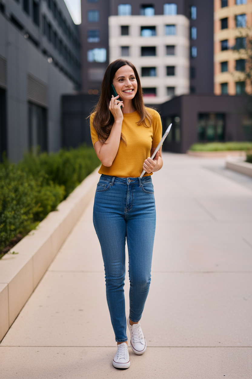 Frau in einem Casual-Outfit für ein Vorstellungsgespräch in kreativen oder informellen Branchen, bestehend aus einem senfgelben T-Shirt, einer schmal geschnittenen Jeans und weißen Sneakern. Sie steht vor modernen Bürogebäuden, lächelt und telefoniert, während sie ein Tablet in der Hand hält. Das Outfit wirkt locker, freundlich und authentisch – passend für Bewerbungsgespräche in Start-ups oder Agenturen mit entspannter Unternehmenskultur.