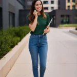 Frau in einem lässigen Casual-Outfit für ein Vorstellungsgespräch in einem kreativen Umfeld, bestehend aus einem dunkelgrünen T-Shirt, einer eng geschnittenen Jeans und weißen Sneakern. Sie steht vor modernen Bürogebäuden, lächelt und telefoniert, während sie ein Tablet in der Hand hält. Das Outfit wirkt schlicht, gepflegt und modern – ideal für Bewerbungsgespräche in Start-ups oder Unternehmen mit entspannter Atmosphäre.