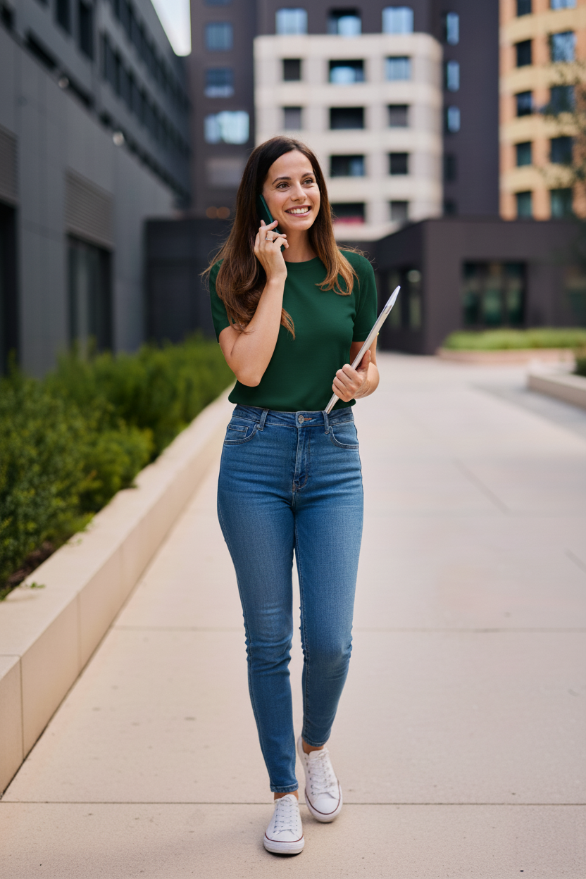 Frau in einem lässigen Casual-Outfit für ein Vorstellungsgespräch in einem kreativen Umfeld, bestehend aus einem dunkelgrünen T-Shirt, einer eng geschnittenen Jeans und weißen Sneakern. Sie steht vor modernen Bürogebäuden, lächelt und telefoniert, während sie ein Tablet in der Hand hält. Das Outfit wirkt schlicht, gepflegt und modern – ideal für Bewerbungsgespräche in Start-ups oder Unternehmen mit entspannter Atmosphäre.