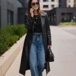 Frau in einem Casual-Outfit für ein Vorstellungsgespräch, bestehend aus einem schwarzen Longsleeve, einer langen schwarzen Lederjacke und einer locker sitzenden blauen Jeans mit Bindegürtel. Sie trägt schwarze Schuhe, eine schwarze Handtasche und Sonnenbrille. Der Look wirkt modern, modisch und selbstbewusst – geeignet für Bewerbungsgespräche in kreativen Branchen oder Start-ups mit legerem Dresscode.