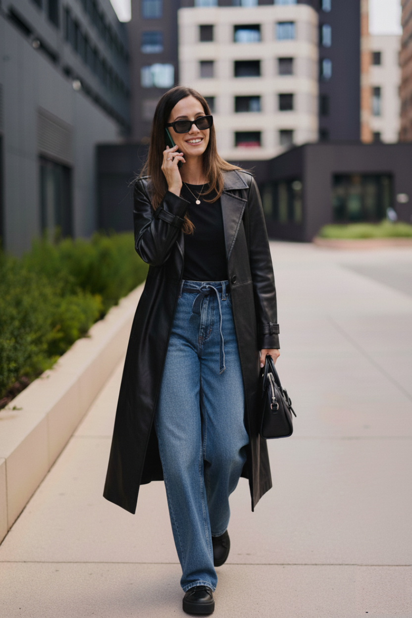 Frau in einem Casual-Outfit für ein Vorstellungsgespräch, bestehend aus einem schwarzen Longsleeve, einer langen schwarzen Lederjacke und einer locker sitzenden blauen Jeans mit Bindegürtel. Sie trägt schwarze Schuhe, eine schwarze Handtasche und Sonnenbrille. Der Look wirkt modern, modisch und selbstbewusst – geeignet für Bewerbungsgespräche in kreativen Branchen oder Start-ups mit legerem Dresscode.