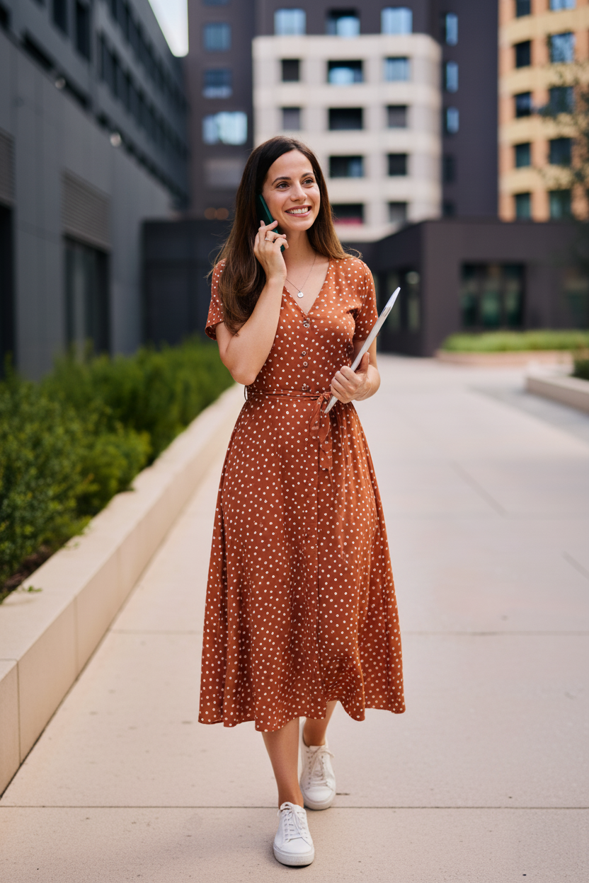 Frau in einem Casual-Outfit für ein Vorstellungsgespräch in einem kreativen oder sozialen Berufsfeld, bestehend aus einem braunen, knielangen Wickelkleid mit weißen Punkten und weißen Sneakern. Sie steht vor modernen Bürogebäuden, lächelt und telefoniert, während sie ein Tablet in der Hand hält. Das Outfit wirkt freundlich, gepflegt und natürlich – ideal für Bewerbungsgespräche in offenen, modernen Arbeitsumgebungen.