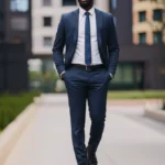 Mann in einem Business-Outfit für ein Vorstellungsgespräch, bestehend aus einem dunkelblauen Anzug, weißem Hemd, passender Krawatte und schwarzen Lederschuhen. Er geht selbstbewusst durch eine moderne Bürostraße. Das Outfit strahlt Professionalität und Seriosität aus – ideal für formelle Bewerbungsgespräche oder Positionen im Management- und Unternehmensumfeld.