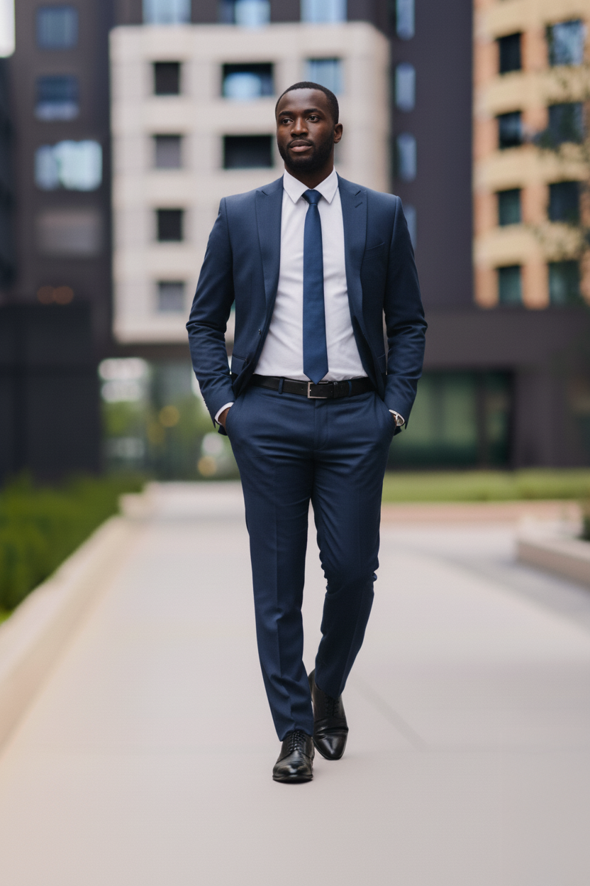 Mann in einem Business-Outfit für ein Vorstellungsgespräch, bestehend aus einem dunkelblauen Anzug, weißem Hemd, passender Krawatte und schwarzen Lederschuhen. Er geht selbstbewusst durch eine moderne Bürostraße. Das Outfit strahlt Professionalität und Seriosität aus – ideal für formelle Bewerbungsgespräche oder Positionen im Management- und Unternehmensumfeld.