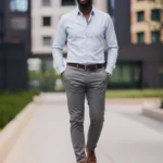 Mann in einem Business-Casual-Outfit für ein Vorstellungsgespräch, bestehend aus einem hellblauen Hemd, grauer Stoffhose, braunem Gürtel und braunen Lederschuhen. Er geht selbstbewusst durch eine moderne Büroumgebung. Das Outfit wirkt gepflegt und professionell, ohne formell zu sein – passend für Bewerbungsgespräche in Büro- oder Ingenieursberufen mit lockerem Dresscode.