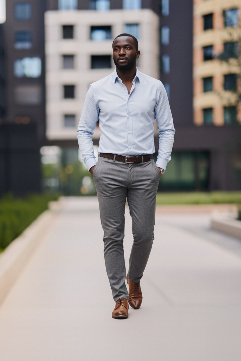 Mann in einem Business-Casual-Outfit für ein Vorstellungsgespräch, bestehend aus einem hellblauen Hemd, grauer Stoffhose, braunem Gürtel und braunen Lederschuhen. Er geht selbstbewusst durch eine moderne Büroumgebung. Das Outfit wirkt gepflegt und professionell, ohne formell zu sein – passend für Bewerbungsgespräche in Büro- oder Ingenieursberufen mit lockerem Dresscode.