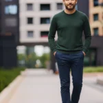 Mann in einem gehobenen Casual-Outfit für ein Vorstellungsgespräch, bestehend aus einem dunkelgrünen Pullover, dunkelblauen Stoffhosen und braunen Ledersneakern. Der Look wirkt gepflegt, modern und seriös, ohne zu formell zu sein – ideal für Bewerbungsgespräche in Unternehmen mit legerem, aber professionellem Dresscode.