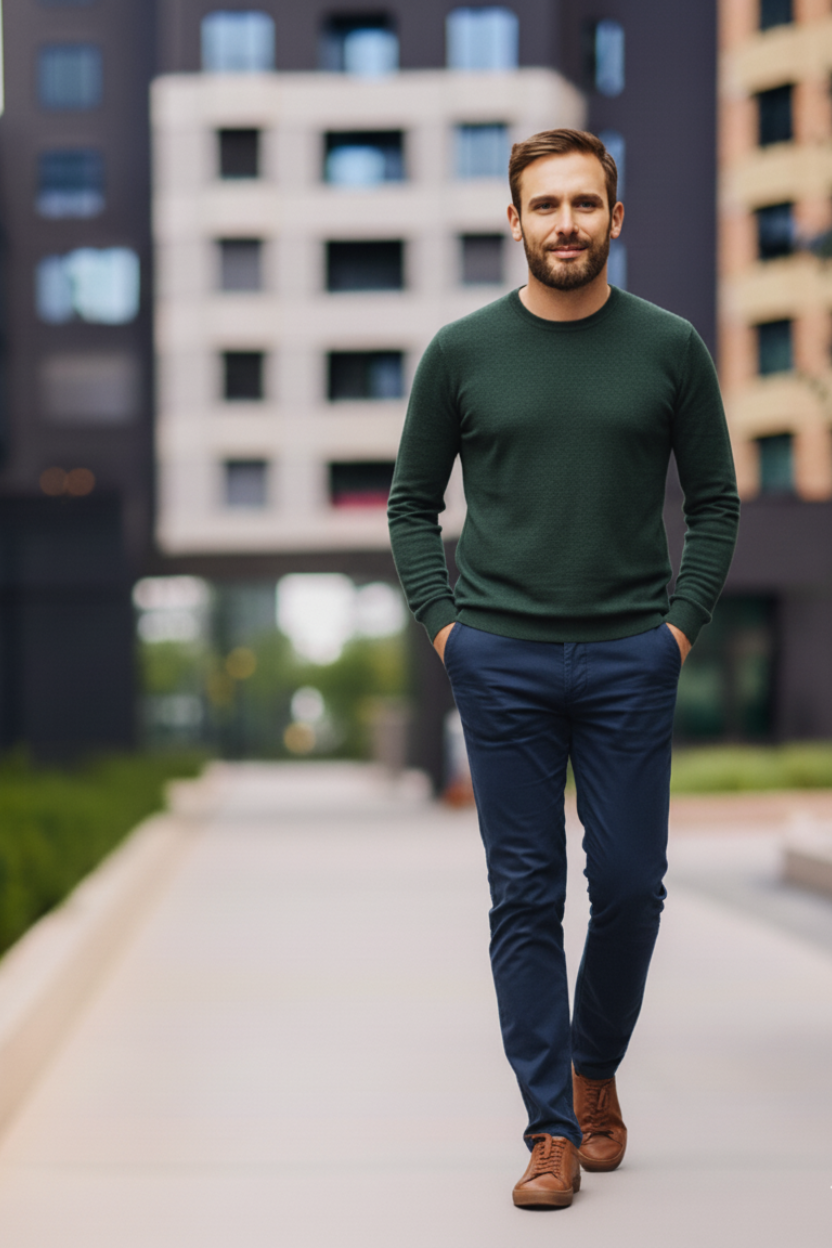Mann in einem gehobenen Casual-Outfit für ein Vorstellungsgespräch, bestehend aus einem dunkelgrünen Pullover, dunkelblauen Stoffhosen und braunen Ledersneakern. Der Look wirkt gepflegt, modern und seriös, ohne zu formell zu sein – ideal für Bewerbungsgespräche in Unternehmen mit legerem, aber professionellem Dresscode.