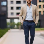 Mann in einem Business-Casual-Outfit für ein Vorstellungsgespräch, bestehend aus einem hellbeigen Sakko, hellblauem Hemd, dunkelblauer Stoffhose und braunen Lederschuhen. Der Look verbindet Seriosität und moderne Lässigkeit – ideal für Bewerbungsgespräche in Büroumgebungen mit smartem, aber nicht zu formellem Dresscode.