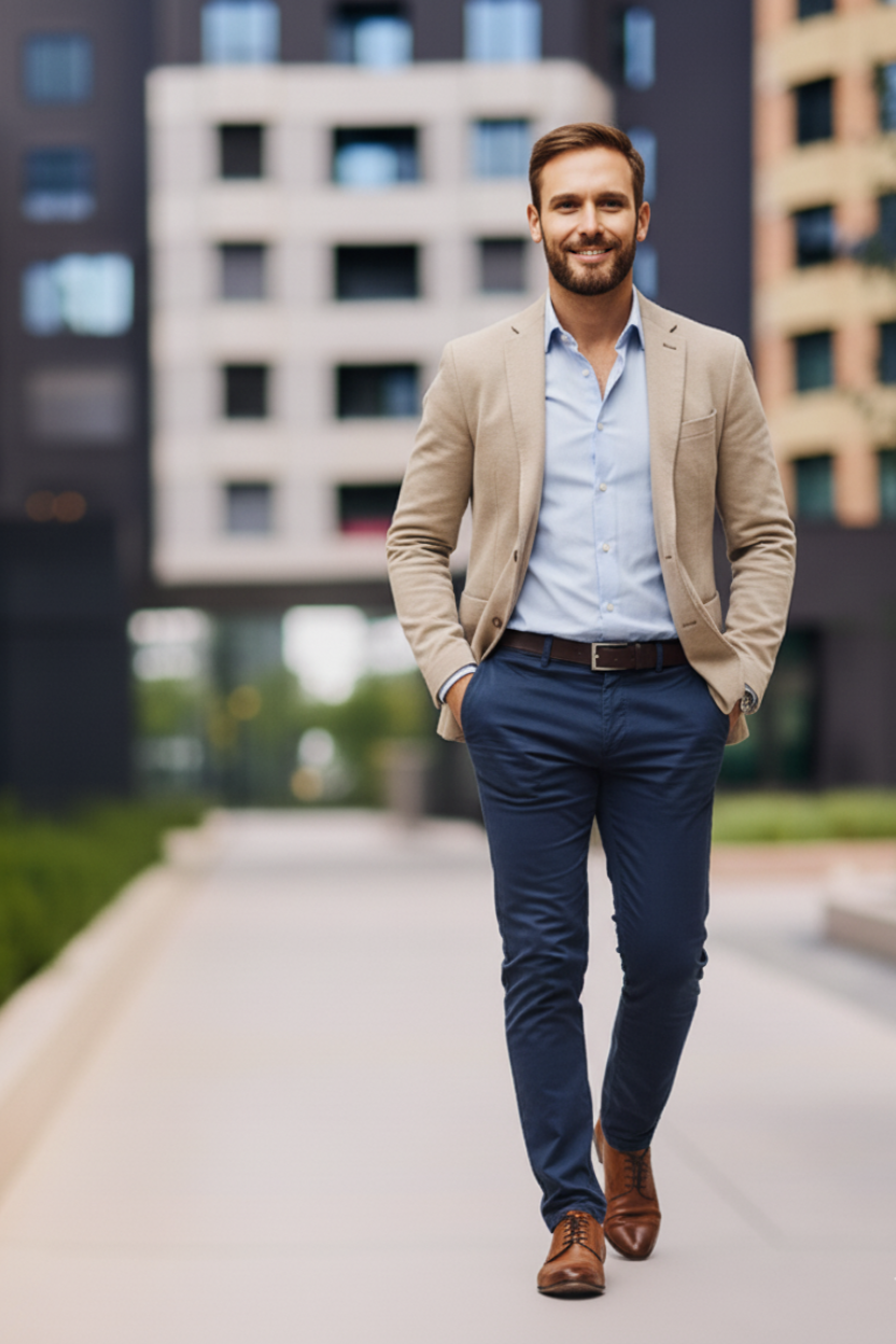 Mann in einem Business-Casual-Outfit für ein Vorstellungsgespräch, bestehend aus einem hellbeigen Sakko, hellblauem Hemd, dunkelblauer Stoffhose und braunen Lederschuhen. Der Look verbindet Seriosität und moderne Lässigkeit – ideal für Bewerbungsgespräche in Büroumgebungen mit smartem, aber nicht zu formellem Dresscode.