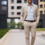 Mann in einem klassischen Business-Outfit für ein Vorstellungsgespräch, bestehend aus einem beigen Anzug, hellblauem Hemd, braunem Gürtel und braunen Lederschuhen. Das Ensemble wirkt seriös, gepflegt und selbstbewusst – passend für formelle Bewerbungsgespräche oder Positionen im Management- und Bürobereich.