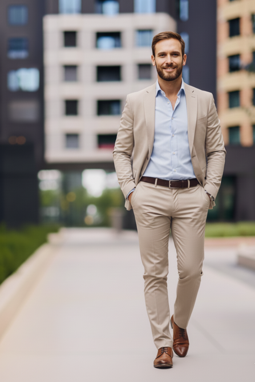 Mann in einem klassischen Business-Outfit für ein Vorstellungsgespräch, bestehend aus einem beigen Anzug, hellblauem Hemd, braunem Gürtel und braunen Lederschuhen. Das Ensemble wirkt seriös, gepflegt und selbstbewusst – passend für formelle Bewerbungsgespräche oder Positionen im Management- und Bürobereich.
