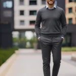 Mann in einem Business-Casual-Outfit für ein Vorstellungsgespräch, bestehend aus einem grauen Pullover über einem hellblauen Hemd, grauer Stoffhose und weißen Sneakern. Der Look wirkt modern und gepflegt, verbindet Seriosität mit einem sportlich-entspannten Stil – passend für Bewerbungsgespräche in Unternehmen mit zeitgemäßer Arbeitskultur.