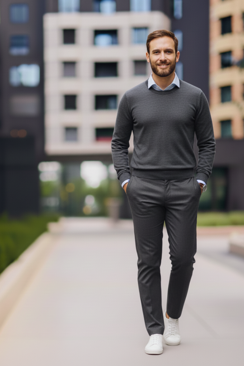 Mann in einem Business-Casual-Outfit für ein Vorstellungsgespräch, bestehend aus einem grauen Pullover über einem hellblauen Hemd, grauer Stoffhose und weißen Sneakern. Der Look wirkt modern und gepflegt, verbindet Seriosität mit einem sportlich-entspannten Stil – passend für Bewerbungsgespräche in Unternehmen mit zeitgemäßer Arbeitskultur.