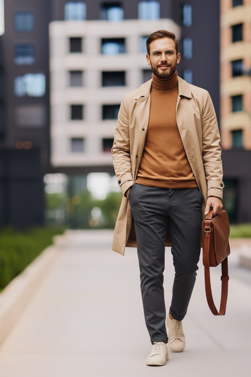 Mann in einem gehobenen Business-Casual-Outfit für ein Vorstellungsgespräch, bestehend aus einem beigen Trenchcoat, einem braunen Rollkragenpullover, grauer Stoffhose und beigen Sneakern. Er trägt eine braune Ledertasche und eine Brille – ein moderner, stilvoller Look, der Professionalität und modisches Gespür ausstrahlt.