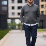Mann in einem Business-Casual-Outfit für ein Vorstellungsgespräch, bestehend aus einem grauen Pullover über einem hellblauen Hemd, dunkelblauer Stoffhose und braunen Lederschuhen. Das Outfit vermittelt einen gepflegten, aber entspannten Eindruck – ideal für Bewerbungsgespräche in modernen Unternehmen.