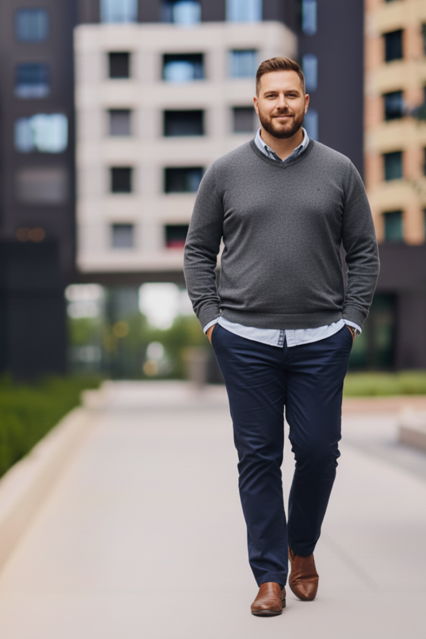 Mann in einem Business-Casual-Outfit für ein Vorstellungsgespräch, bestehend aus einem grauen Pullover über einem hellblauen Hemd, dunkelblauer Stoffhose und braunen Lederschuhen. Das Outfit vermittelt einen gepflegten, aber entspannten Eindruck – ideal für Bewerbungsgespräche in modernen Unternehmen.