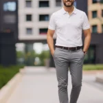 Mann in einem Business Casual-Outfit für ein Vorstellungsgespräch, bestehend aus einem weißen Poloshirt, grauer Stoffhose, braunem Gürtel und beigen Slippern. Das Outfit wirkt gepflegt und modern, eignet sich gut für Bewerbungsgespräche in Unternehmen mit lockerem Dresscode oder kreativen Arbeitsumfeldern.