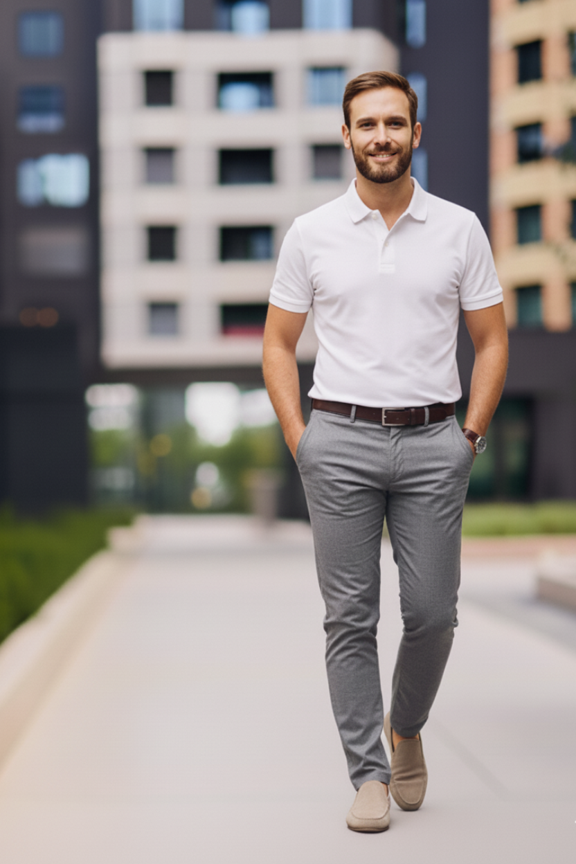 Mann in einem Business Casual-Outfit für ein Vorstellungsgespräch, bestehend aus einem weißen Poloshirt, grauer Stoffhose, braunem Gürtel und beigen Slippern. Das Outfit wirkt gepflegt und modern, eignet sich gut für Bewerbungsgespräche in Unternehmen mit lockerem Dresscode oder kreativen Arbeitsumfeldern.