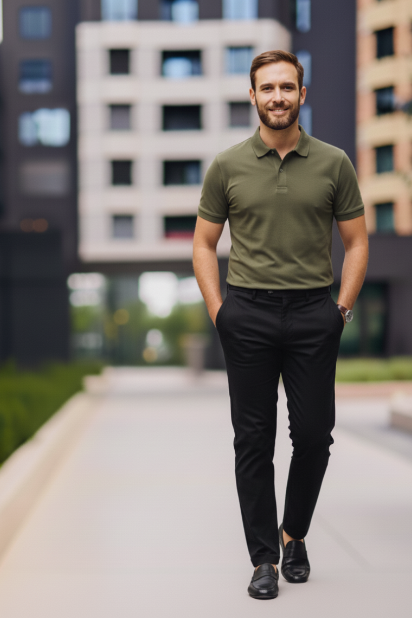 Mann in einem Business-Casual-Outfit für ein Vorstellungsgespräch, bestehend aus einem olivgrünen Poloshirt, schwarzer Stoffhose, schwarzen Lederschuhen und Armbanduhr. Das Outfit kombiniert Seriosität mit moderner Lässigkeit und ist ideal für Bewerbungsgespräche in Unternehmen mit gehobenem, aber nicht formellen Dresscode.