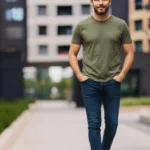 Mann in einem Casual-Outfit für ein Vorstellungsgespräch, bestehend aus einem olivgrünen T-Shirt, dunkelblauen Jeans und weißen Sneakern. Der Look ist schlicht, gepflegt und modern – passend für Bewerbungsgespräche in kreativen oder technischen Arbeitsumgebungen mit lockerer Kleiderordnung.
