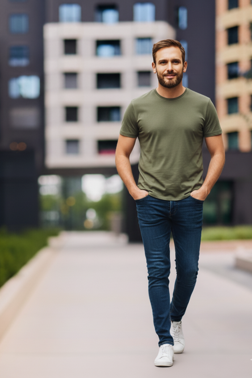 Mann in einem Casual-Outfit für ein Vorstellungsgespräch, bestehend aus einem olivgrünen T-Shirt, dunkelblauen Jeans und weißen Sneakern. Der Look ist schlicht, gepflegt und modern – passend für Bewerbungsgespräche in kreativen oder technischen Arbeitsumgebungen mit lockerer Kleiderordnung.