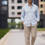Mann in einem Casual-Outfit für ein Vorstellungsgespräch, bestehend aus einem hellblauen Hemd, beiger Chinohose und weißen Sneakern. Der Look wirkt gepflegt, aber entspannt – ideal für Bewerbungsgespräche in kreativen Branchen oder modernen Arbeitsumgebungen mit lockerem Dresscode.