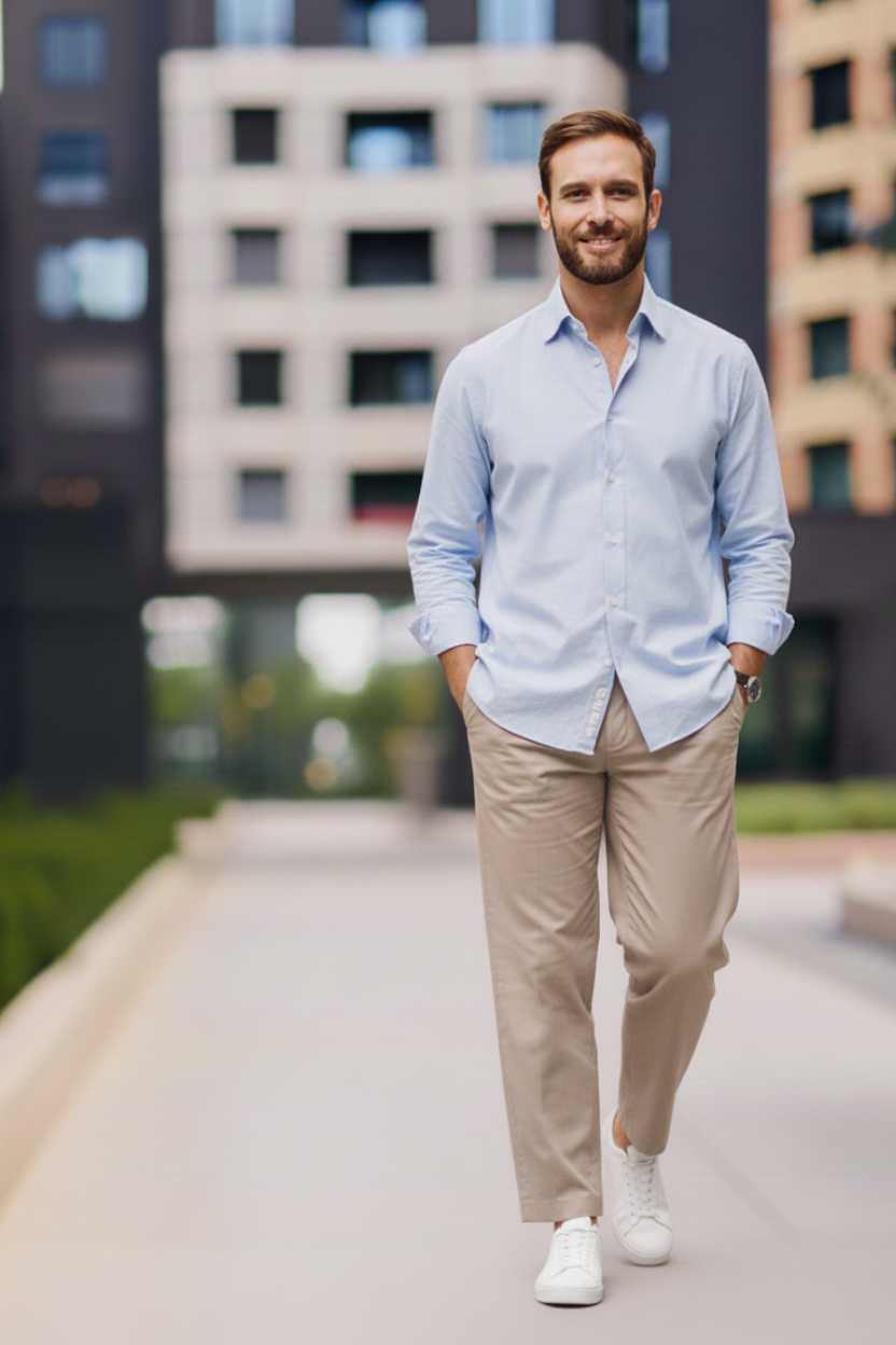 Mann in einem Casual-Outfit für ein Vorstellungsgespräch, bestehend aus einem hellblauen Hemd, beiger Chinohose und weißen Sneakern. Der Look wirkt gepflegt, aber entspannt – ideal für Bewerbungsgespräche in kreativen Branchen oder modernen Arbeitsumgebungen mit lockerem Dresscode.