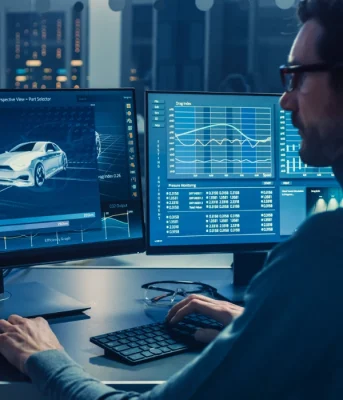 Ein Ingenieur arbeitet an einem Computer mit einer 3D-CAD-Software und testet den Prototyp eines Elektroauto-Fahrgestells mit Rädern, Batterien und Motor in einem Hightech-Entwicklungslabor.