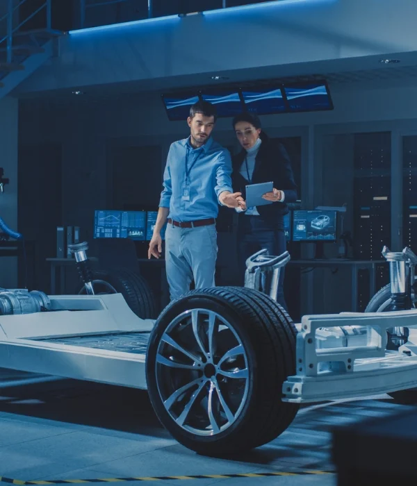 Designeinrichtung der Autoindustrie: Männlicher Chefingenieur zeigt Autoprototyp an weibliche Autodesignerin. Fahrgestellkonzept für ein Elektrofahrzeug mit Rädern, Motor und Batterie.
