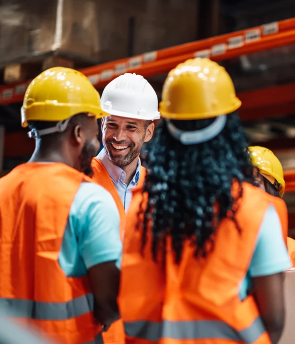 Gruppe von Mitarbeitenden in Warnwesten und Schutzhelmen spricht miteinander in einer Lagerhalle. Ein Mitarbeiter lächelt den Kolleginnen und Kollegen zu. Motiv aus dem Arbeitsumfeld von Jobs in der Logistik.