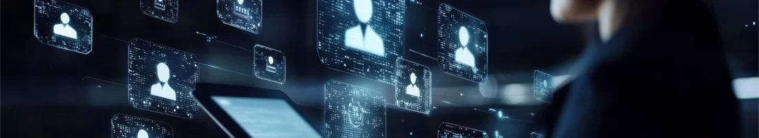 Person arbeitet an einem Tablet, umgeben von schwebenden digitalen Symbolen mit Profilbildern und Datenanzeigen vor dunklem Hintergrund.