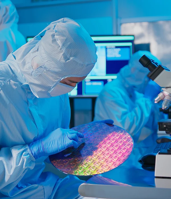 Mitarbeitende in Reinraumkleidung prüfen einen farblich schimmernden Wafer in einer Produktionsumgebung der Halbleitertechnik.