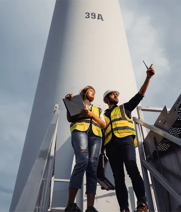 Das Bild zeigt zwei Mitarbeitende von Stadtwerken oder Versorgern, die in Schutzkleidung und mit Klemmbrettern vor einer großen Industrieanlage stehen. Sie inspizieren die Anlage und kommunizieren miteinander, was auf eine koordinierte Arbeit und Überwachung hinweist.