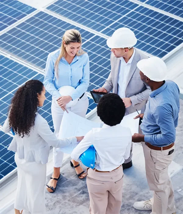 Das Bild zeigt ein Team von Fachleuten aus dem Bereich Stadtwerke und Versorger, das vor einer Solaranlage zusammenarbeitet. Die Gruppe, bestehend aus Personen in Schutzkleidung und Helmen, bespricht technische Pläne und optimiert die Nutzung erneuerbarer Energien.