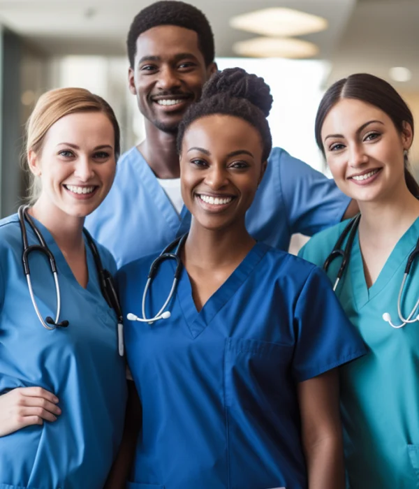 Team aus medizinischem Fachpersonal in blauen und grünen Kitteln steht zusammen und lächelt in die Kamera. Arbeitssituation aus dem Umfeld von Jobs in der Medizin.