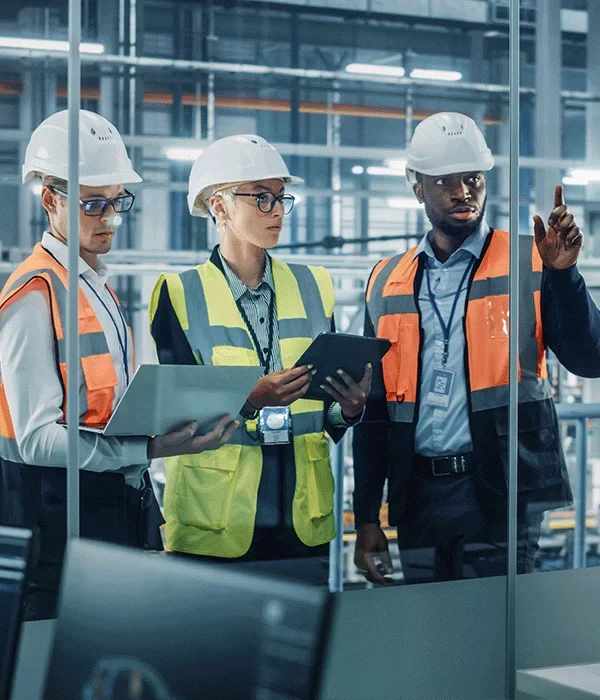 Drei Bauingenieure in Schutzhelmen und Warnwesten begutachten und diskutieren Baupläne auf einem Tablet in einer industriellen Umgebung. Einer der Ingenieure weist auf einen Bereich innerhalb der Baustelle hin, was auf eine aktive Baubesprechung hindeutet. Diese Szene vermittelt den Aspekt der Teamarbeit und Fachkompetenz im Bauwesen.