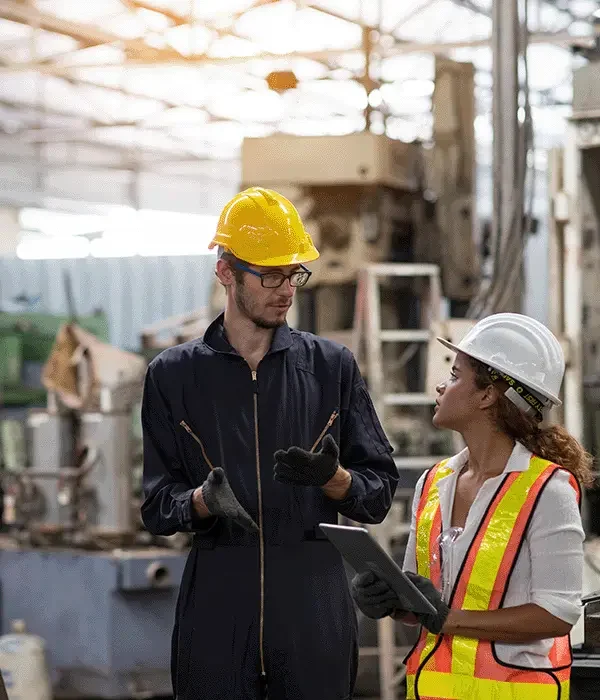 Porträt von zwei Ingenieuren, die über Fertigungsmaschinen in einer Fabrik diskutieren.