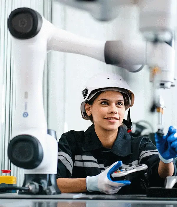 Eine Entwicklungsingenieurin der Informatik arbeitet an der Verbindung und Steuerung eines Roboterarms mit Hilfe einer Tablet-Software. Frau in der Werkstatt für Industrie 4.0-Robotertechnik im elektronischen Zentrum für Zukunftstechnologie